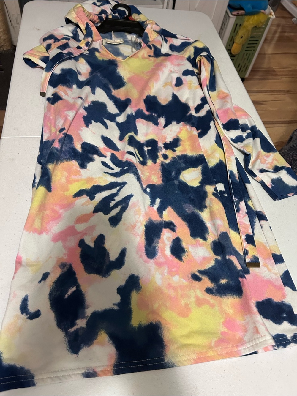 Tie-Dye Hooded Dress in Navy, Pink & Yellow